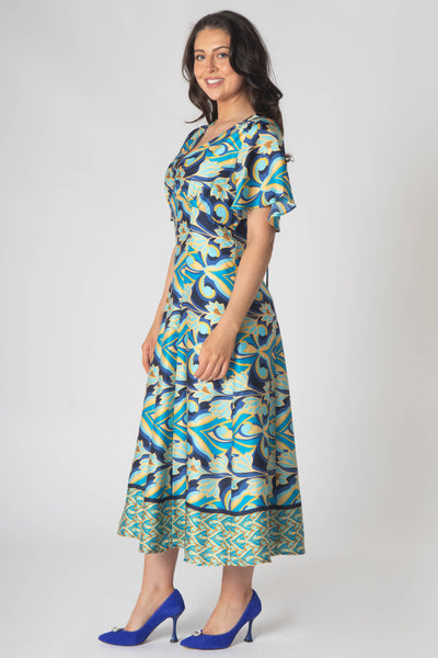 Caprice V-neck Dress with Empire Waist and Loose Half Sleeves - Blue & Yellow