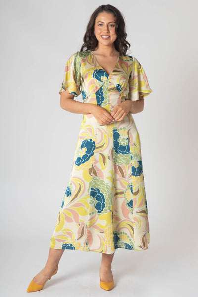 Caprice V-neck Dress with Empire Waist and Loose Half Sleeves - Yellow & Blue