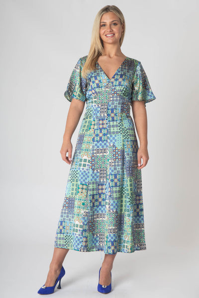Caprice V-neck Dress with Empire Waist and Loose Half Sleeves - Blue & Green