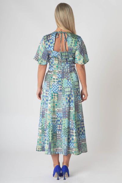 Caprice V-neck Dress with Empire Waist and Loose Half Sleeves - Blue & Green
