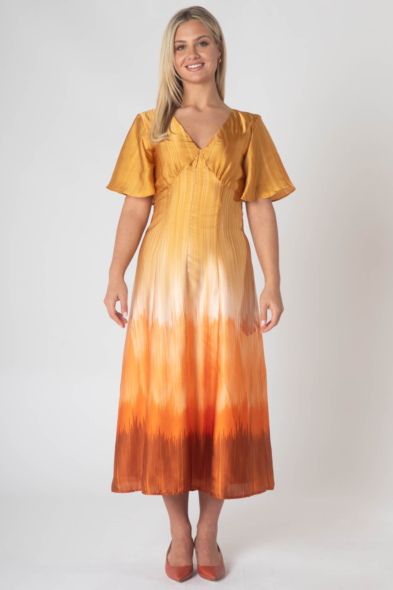 Caprice V-neck Dress with Empire Waist and Loose Half Sleeves - Orange Gradient