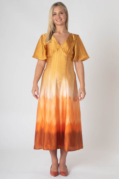 Caprice V-neck Dress with Empire Waist and Loose Half Sleeves - Orange Gradient