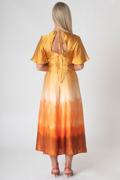 Caprice V-neck Dress with Empire Waist and Loose Half Sleeves - Orange Gradient