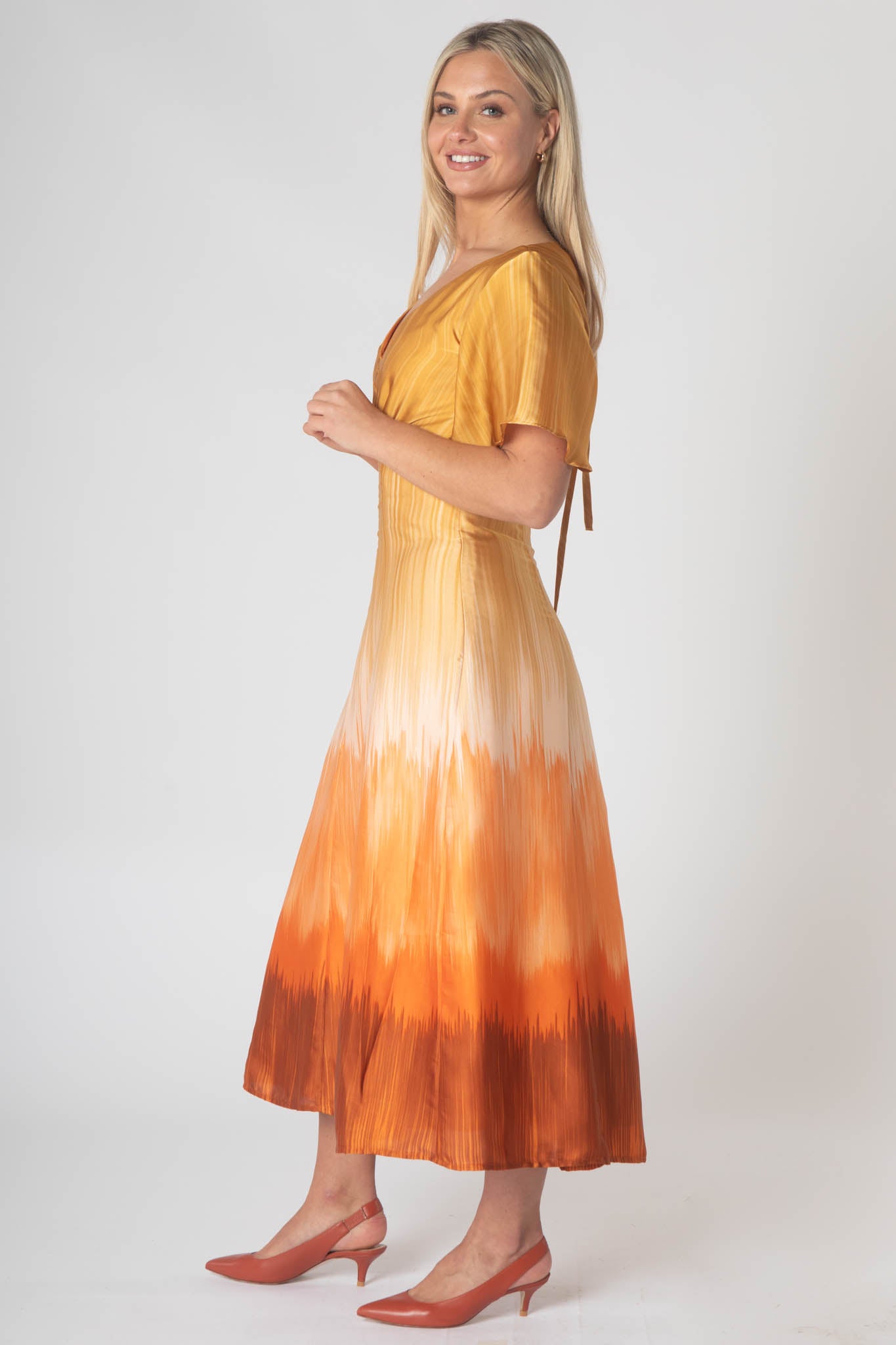 Caprice V-neck Dress with Empire Waist and Loose Half Sleeves - Orange Gradient