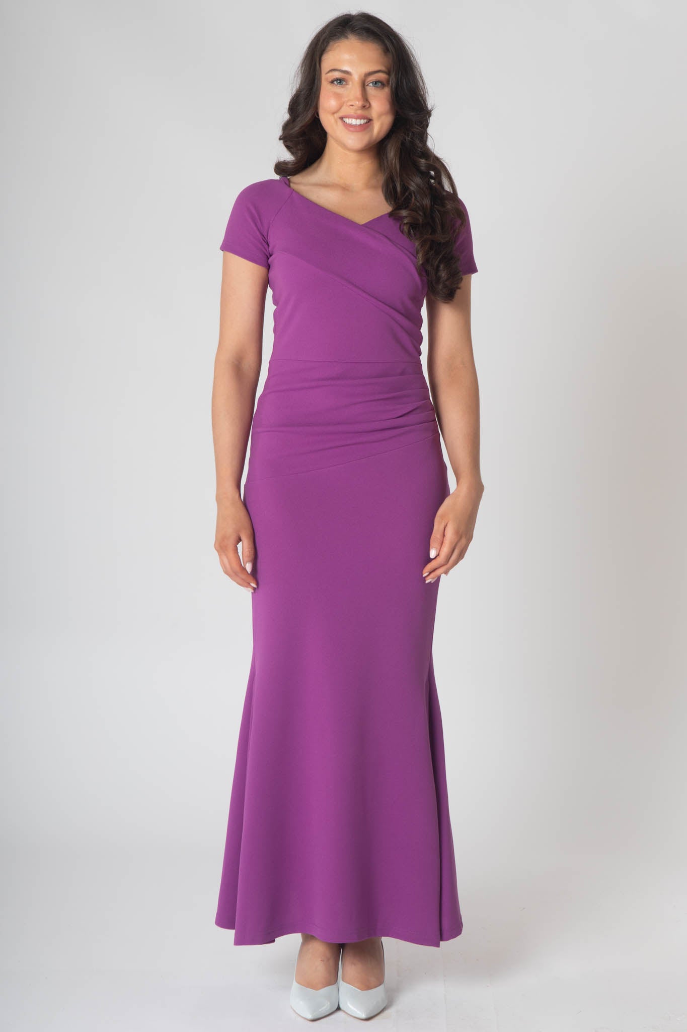 Brodie Maxi Dress With Short Sleeves & Ruching On Waist - Purple