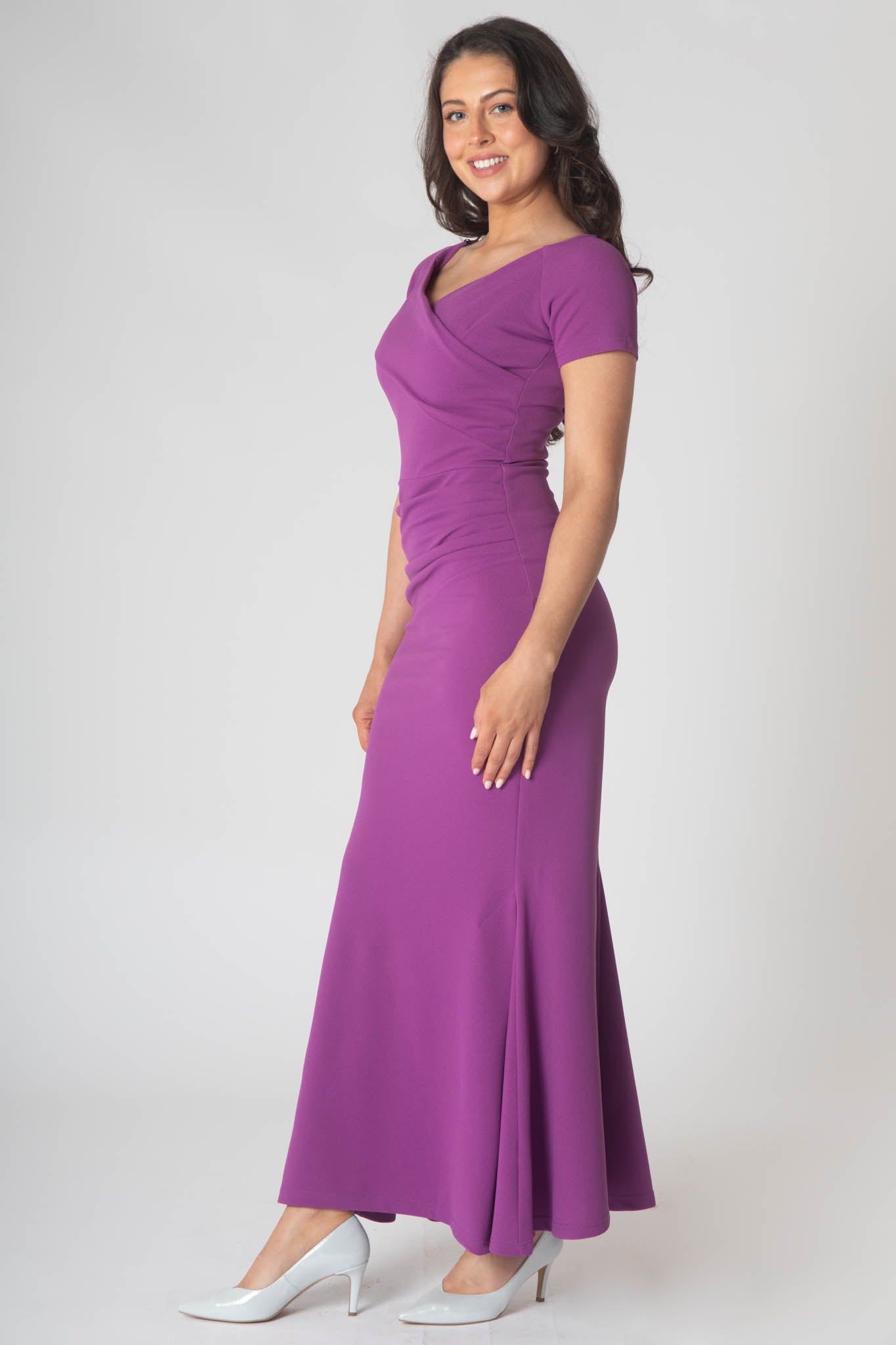 Brodie Maxi Dress With Short Sleeves & Ruching On Waist - Purple