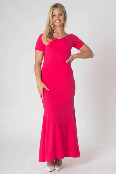 Brodie Maxi Dress With Short Sleeves & Ruching On Waist - Pink