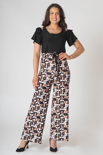 Nova Contrast Print Jumpsuit With Belt - Brown