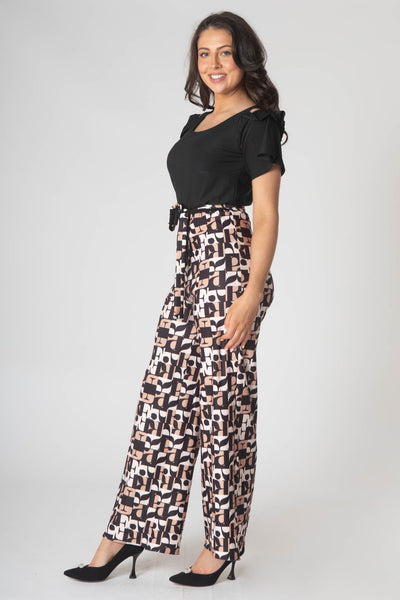 Nova Contrast Print Jumpsuit With Belt - Brown