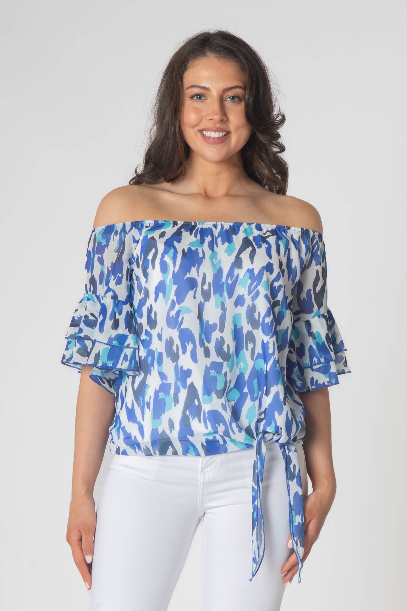 Pippa Gathered Round Neck Top With Tie Hem - Blue & Green