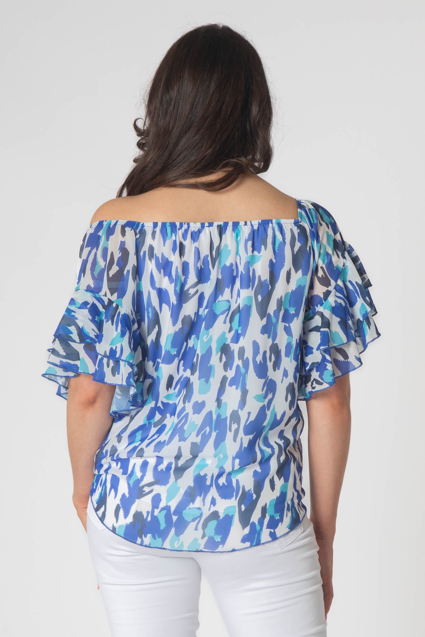 Pippa Gathered Round Neck Top With Tie Hem - Blue & Green