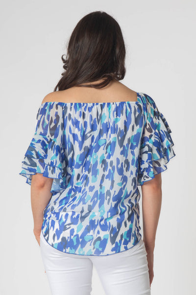 Pippa Gathered Round Neck Top With Tie Hem - Blue & Green