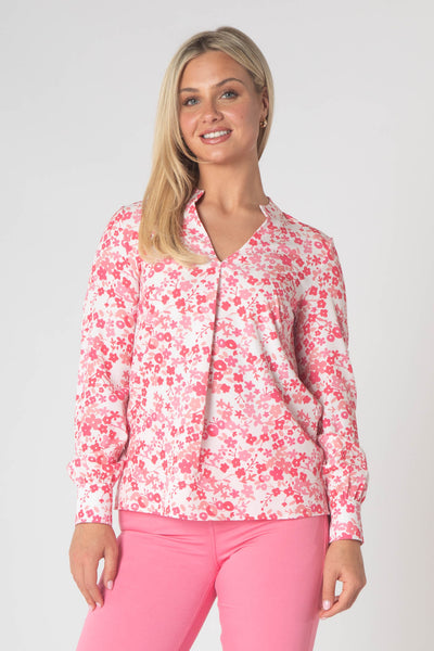 Raven Printed Top With Grandfather Collar - Pink