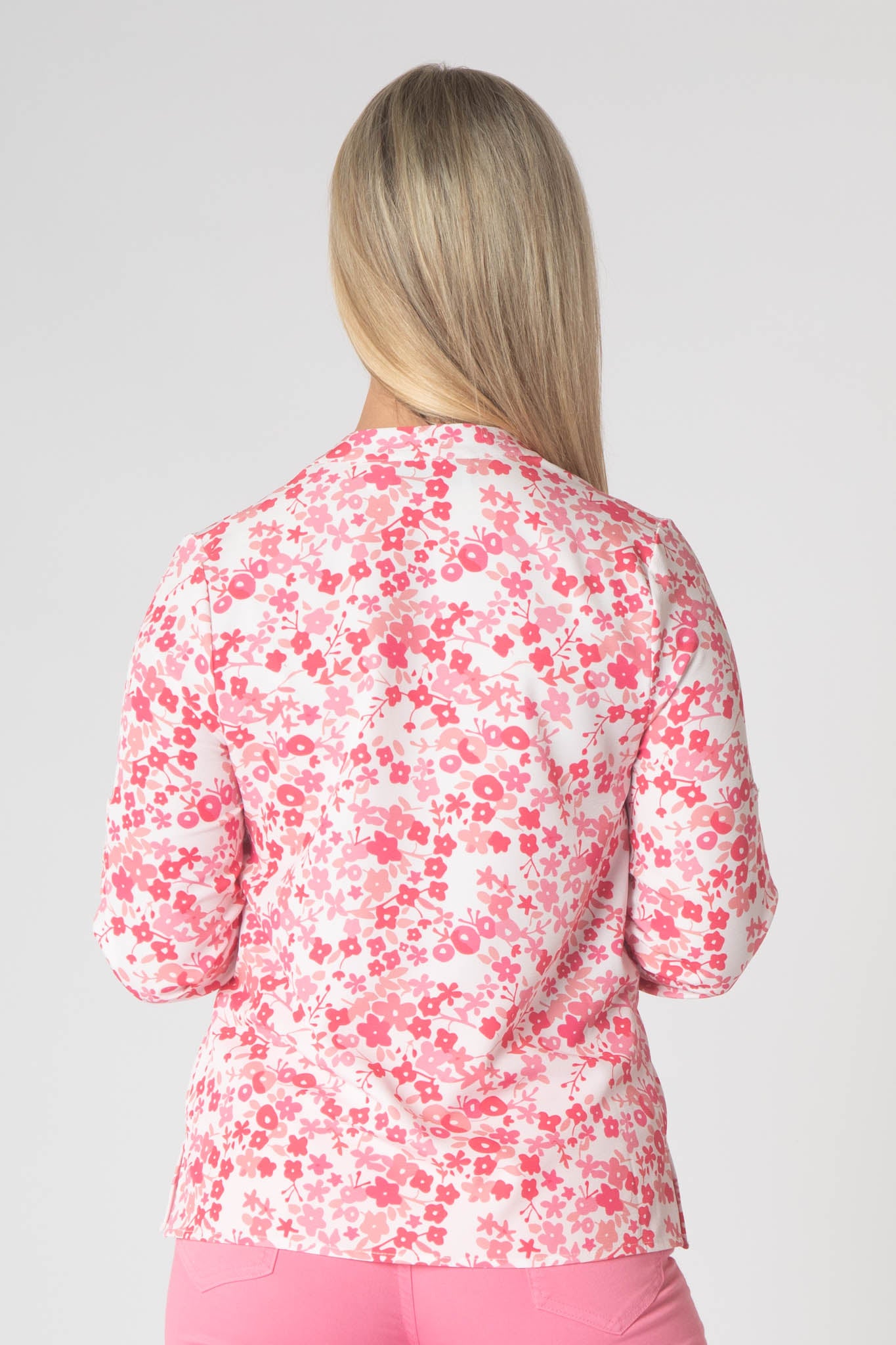 Raven Printed Top With Grandfather Collar - Pink
