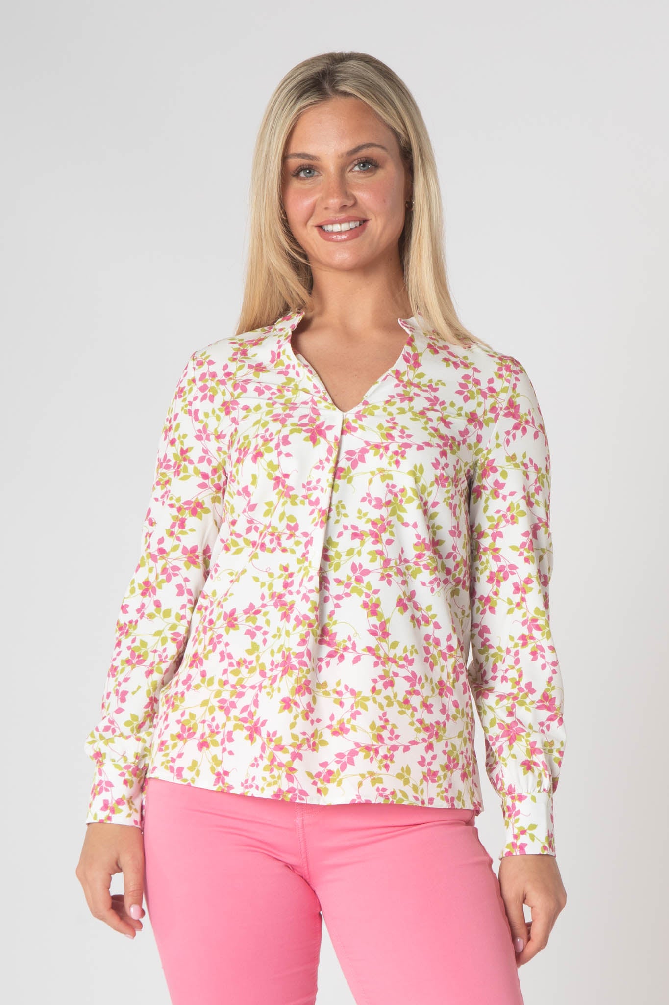 Raven Printed Top With Grandfather Collar - Pink & Green