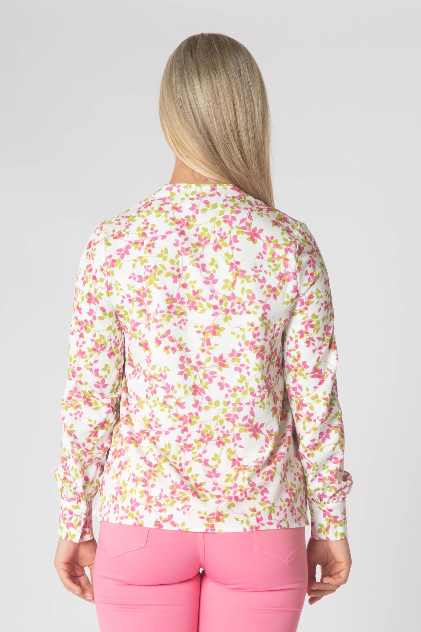 Raven Printed Top With Grandfather Collar - Pink & Green