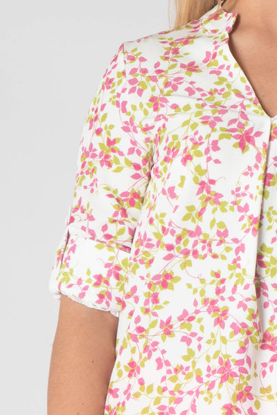 Raven Printed Top With Grandfather Collar - Pink & Green
