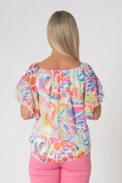 Pippa Gathered Round Neck Top With Tie Hem - Multicolor