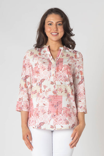 Tiara Printed Top With Grandfather Collar - Red & White