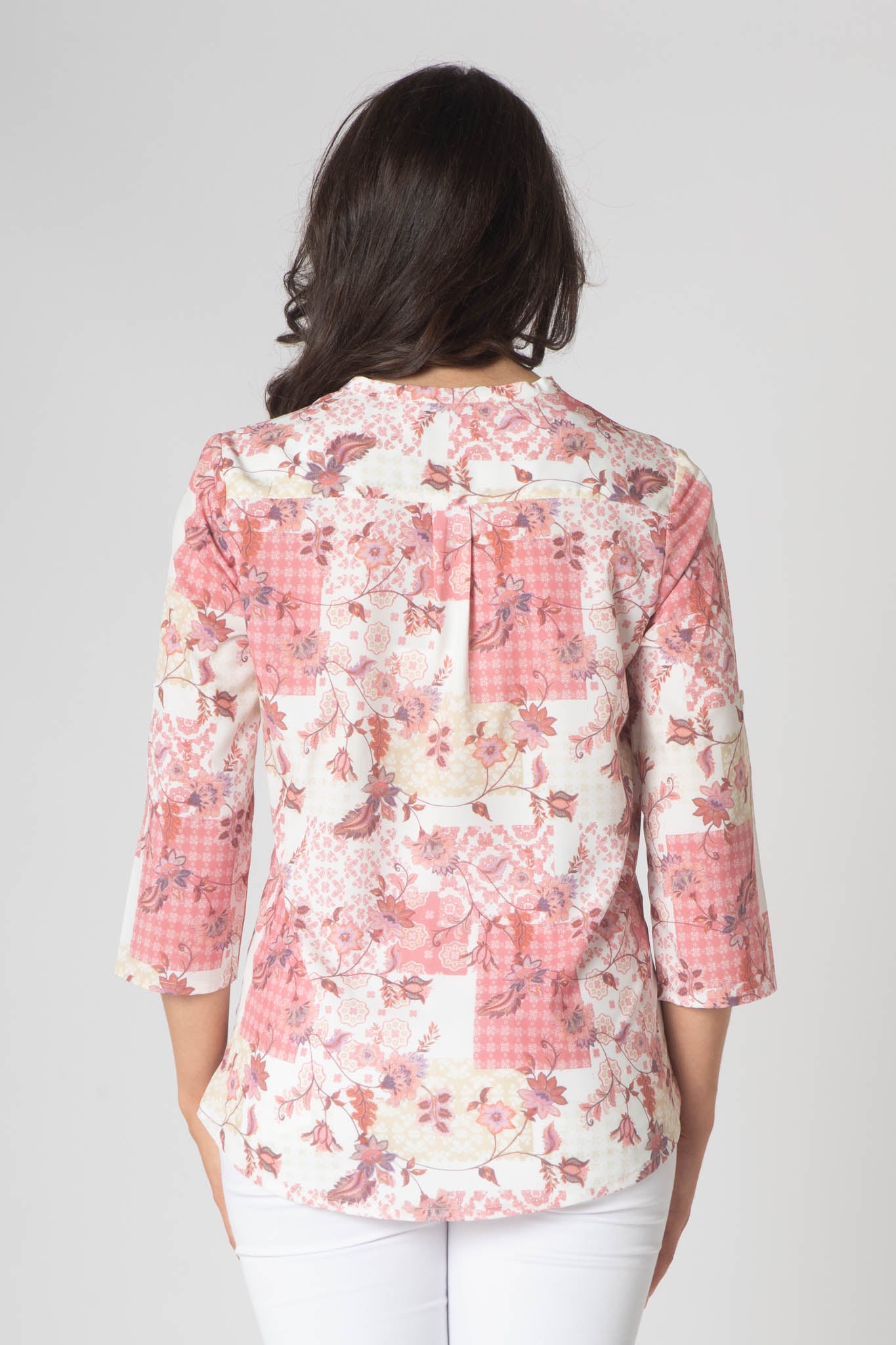 Tiara Printed Top With Grandfather Collar - Red & White