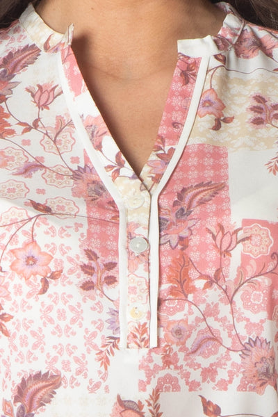 Tiara Printed Top With Grandfather Collar - Red & White
