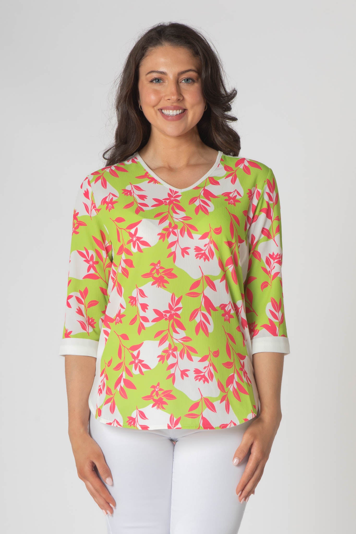 Paige V-Neck Top With White Trim - Green & Pink