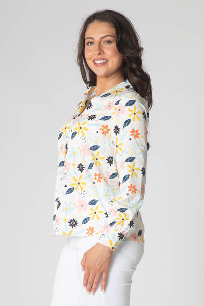 Raven Printed Top With Grandfather Collar - Printed White