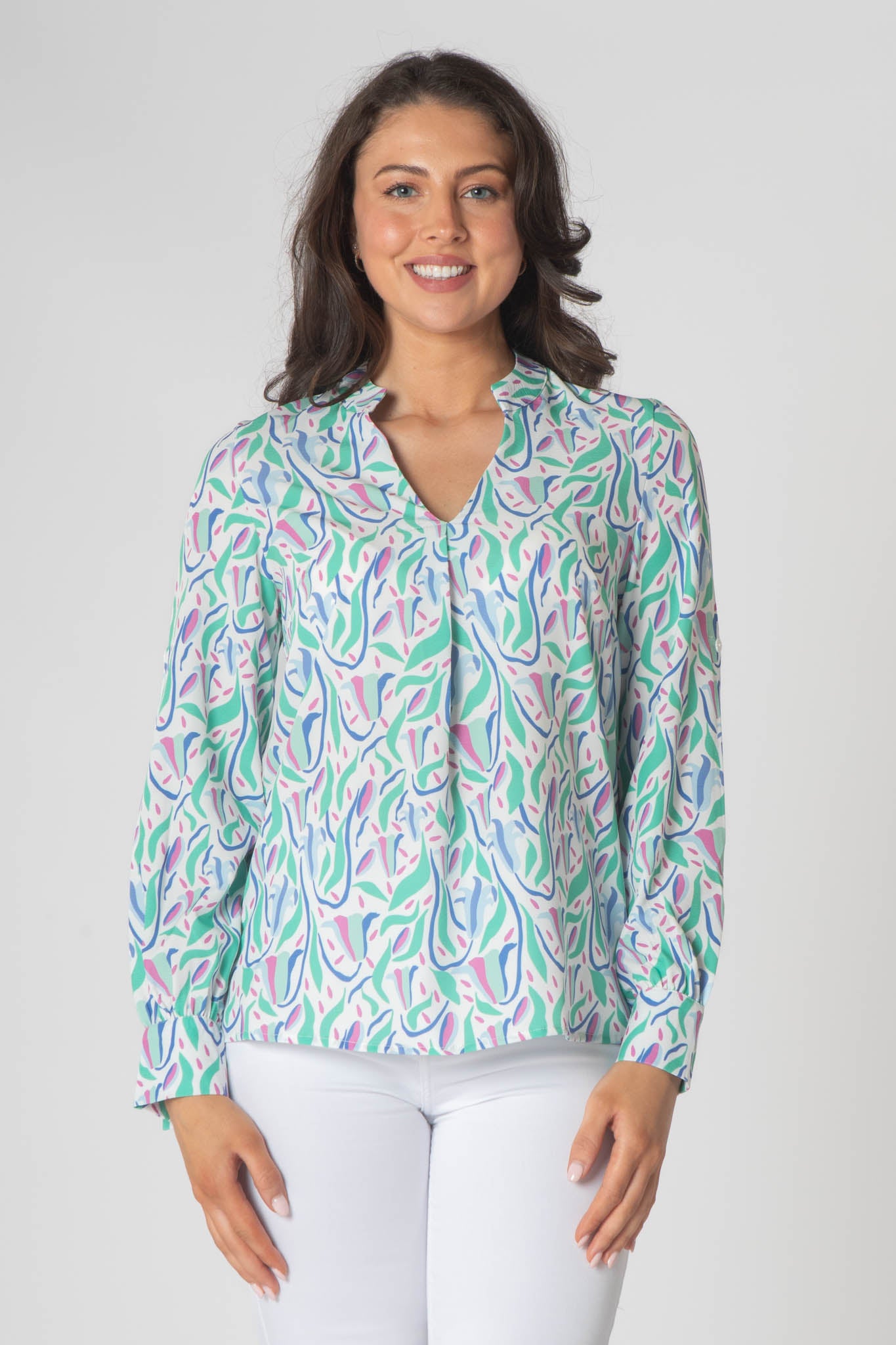 Raven Printed Top With Grandfather Collar - Pink, Green & Blue