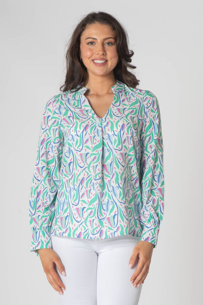 Raven Printed Top With Grandfather Collar - Pink, Green & Blue
