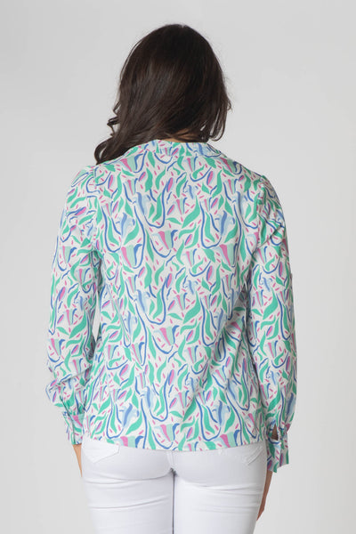 Raven Printed Top With Grandfather Collar - Pink, Green & Blue