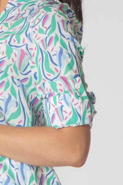 Raven Printed Top With Grandfather Collar - Pink, Green & Blue