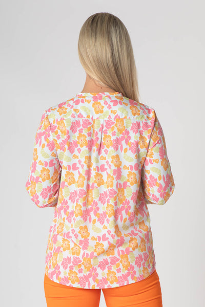 Tiara Printed Top With Grandfather Collar - Orange & Pink