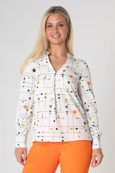Raven Printed Top With Grandfather Collar - White