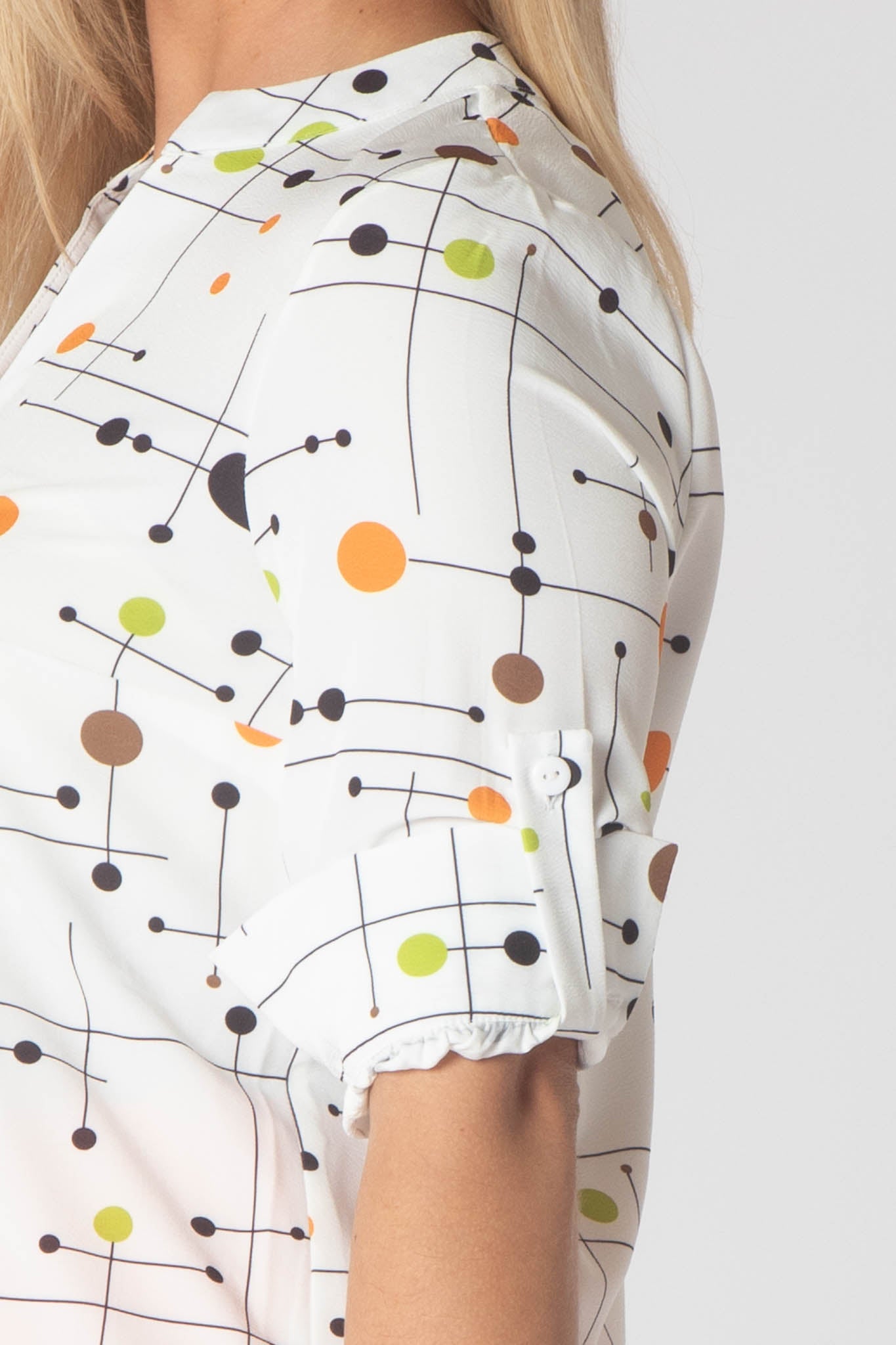 Raven Printed Top With Grandfather Collar - White