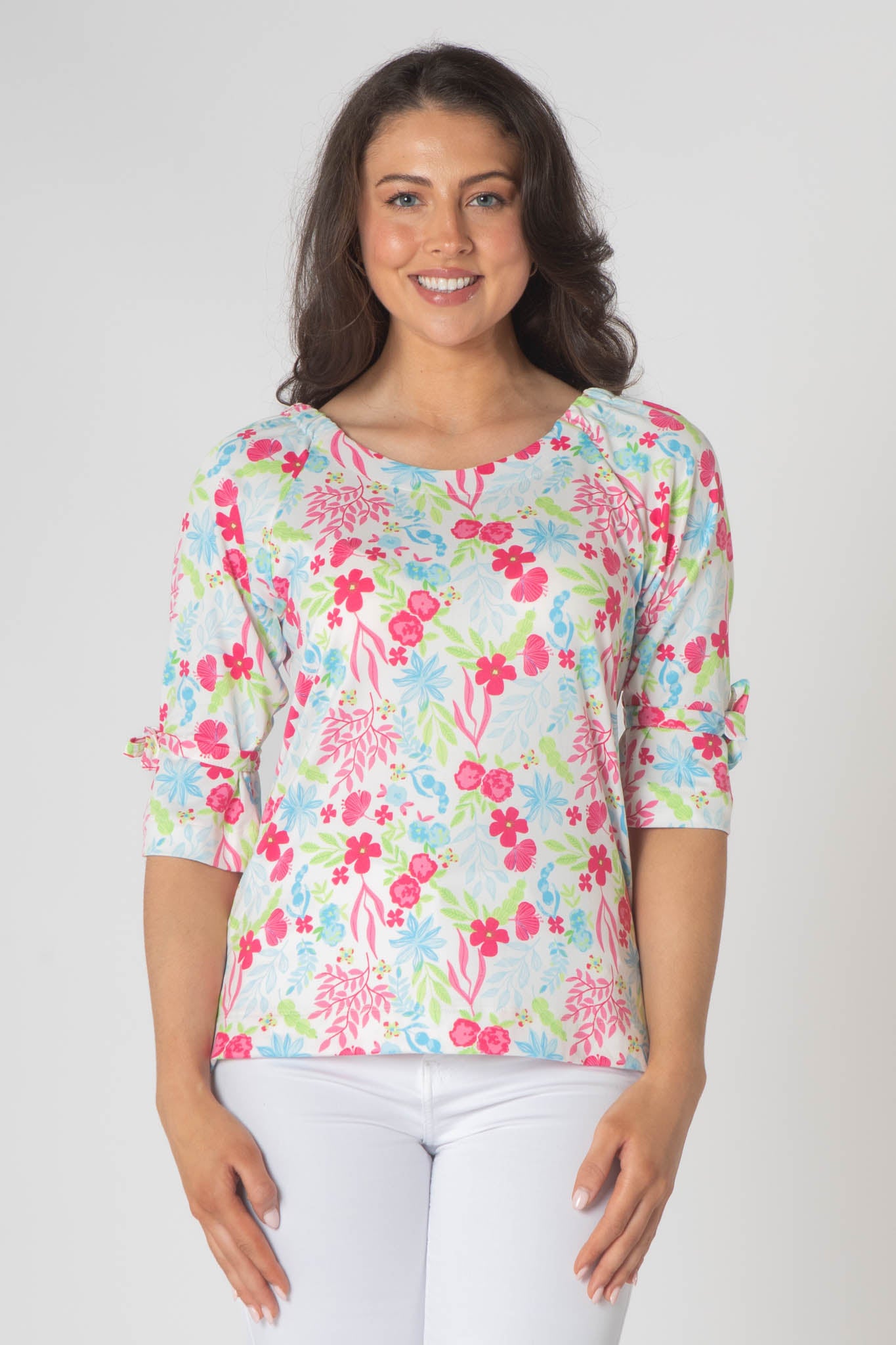Olie Printed Long Sleeve Top With Round Neck - Pink & Baby Blue