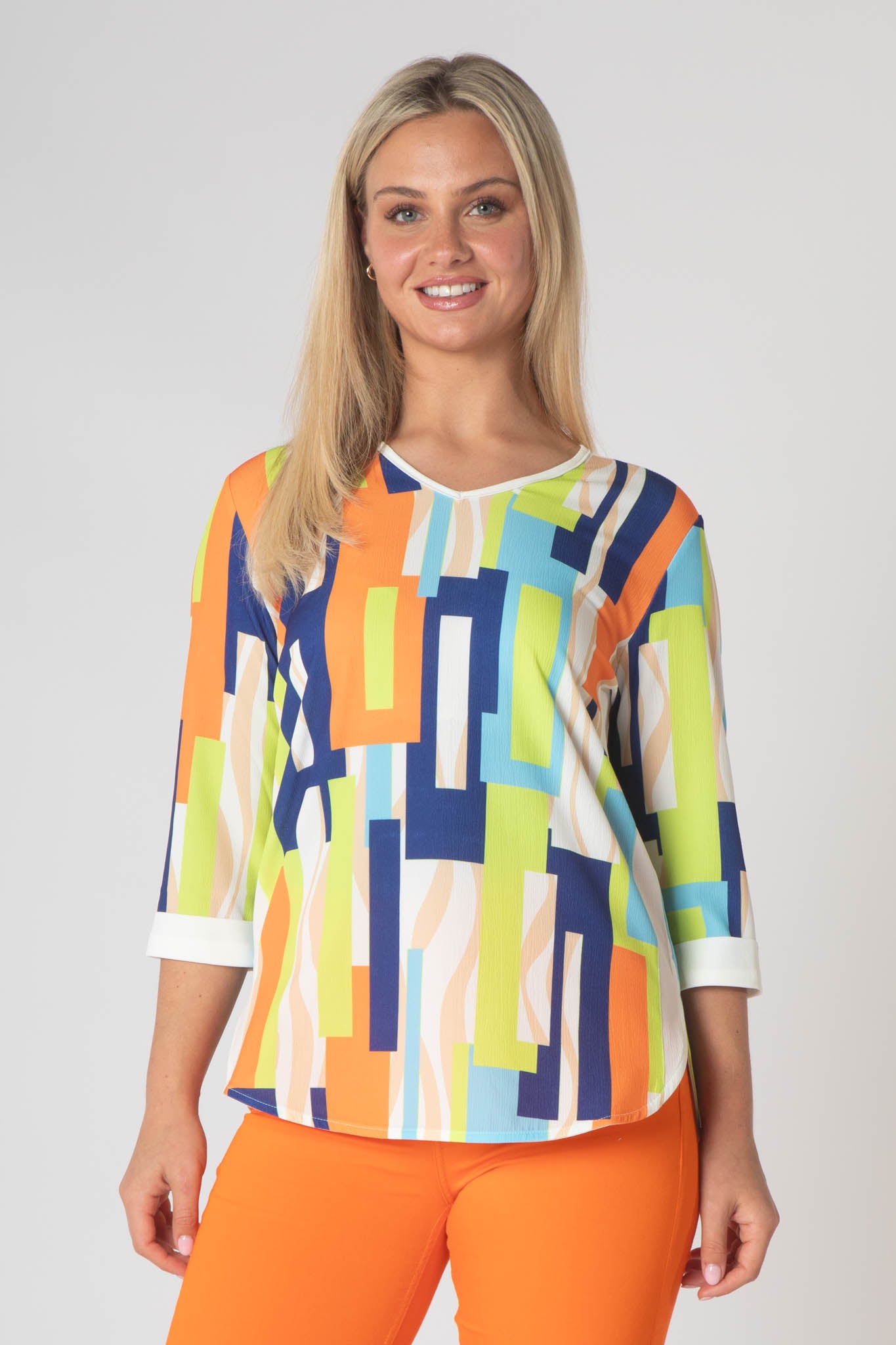 Paige V-Neck Top With White Trim - Orange & Green