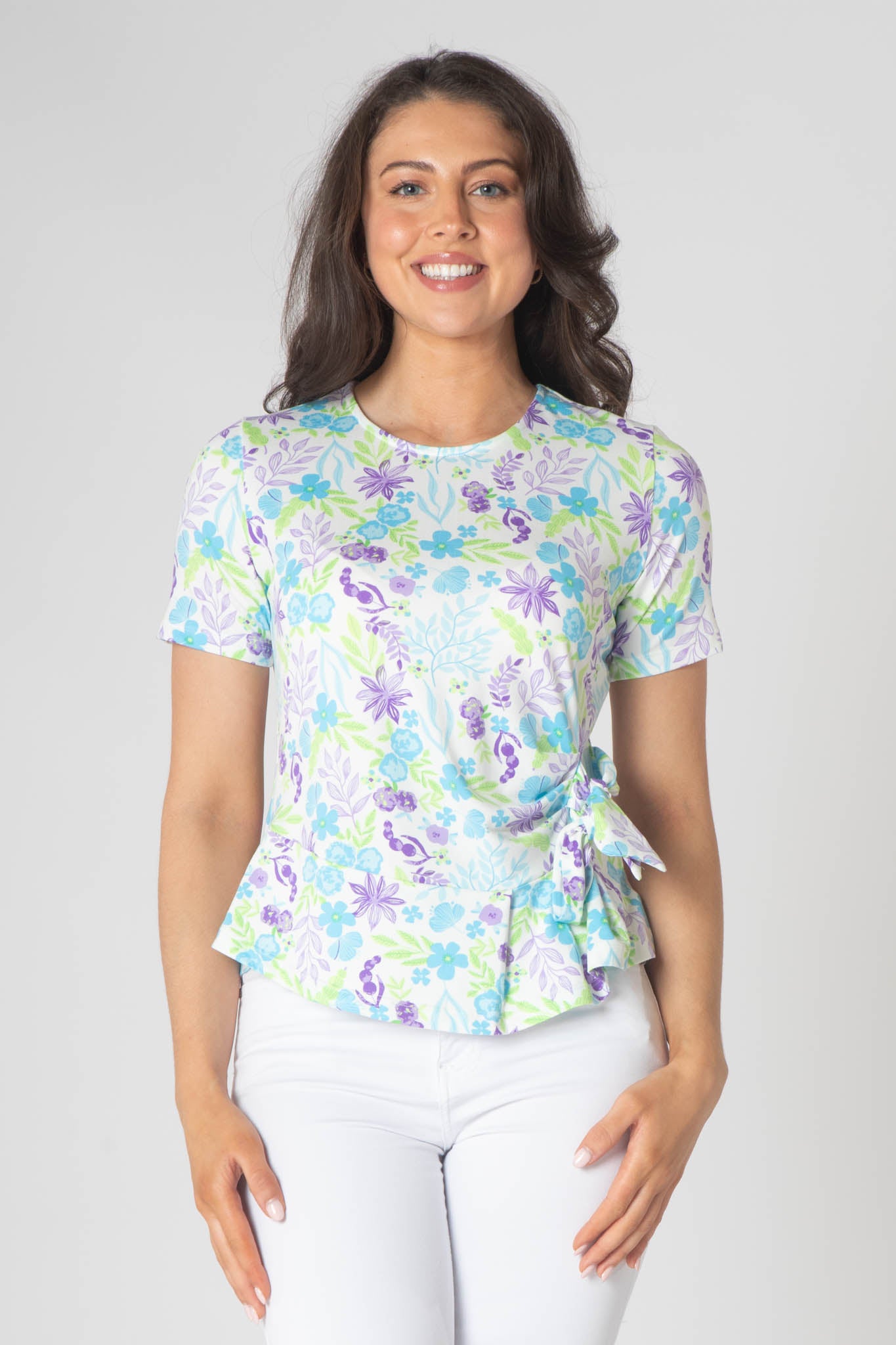 Esper Printed Top With Tie Hem and Short Sleeves - Purple & Green