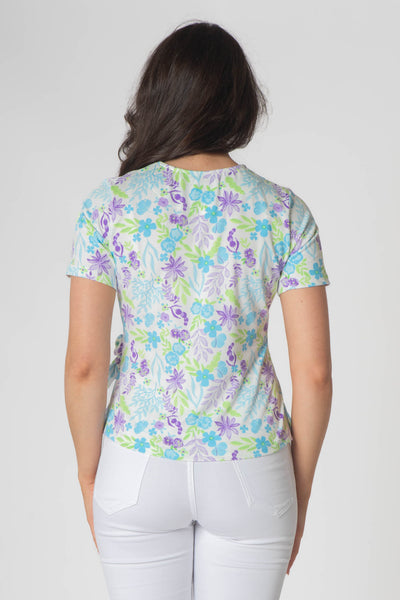 Esper Printed Top With Tie Hem and Short Sleeves - Purple & Green