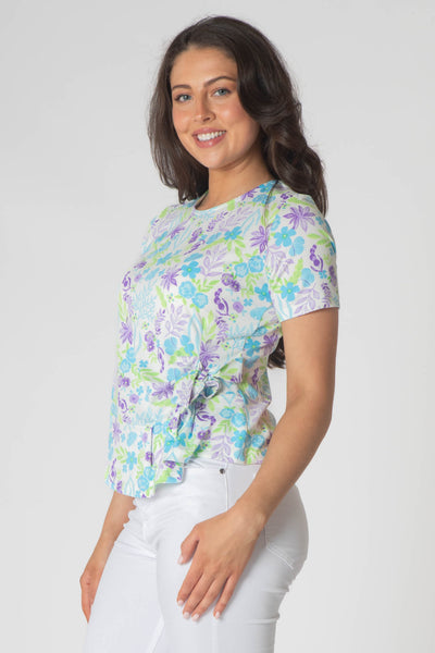 Esper Printed Top With Tie Hem and Short Sleeves - Purple & Green