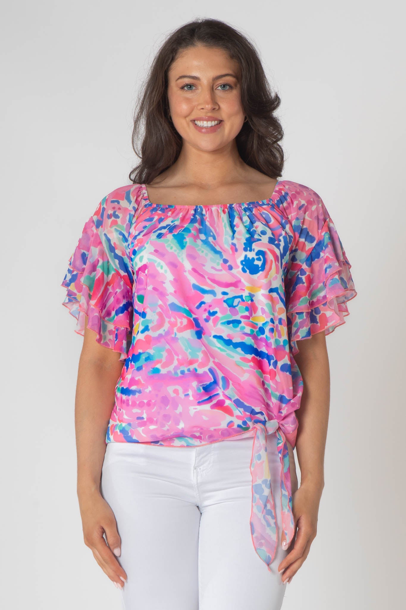 Pippa Gathered Round Neck Top With Tie Hem - Pink