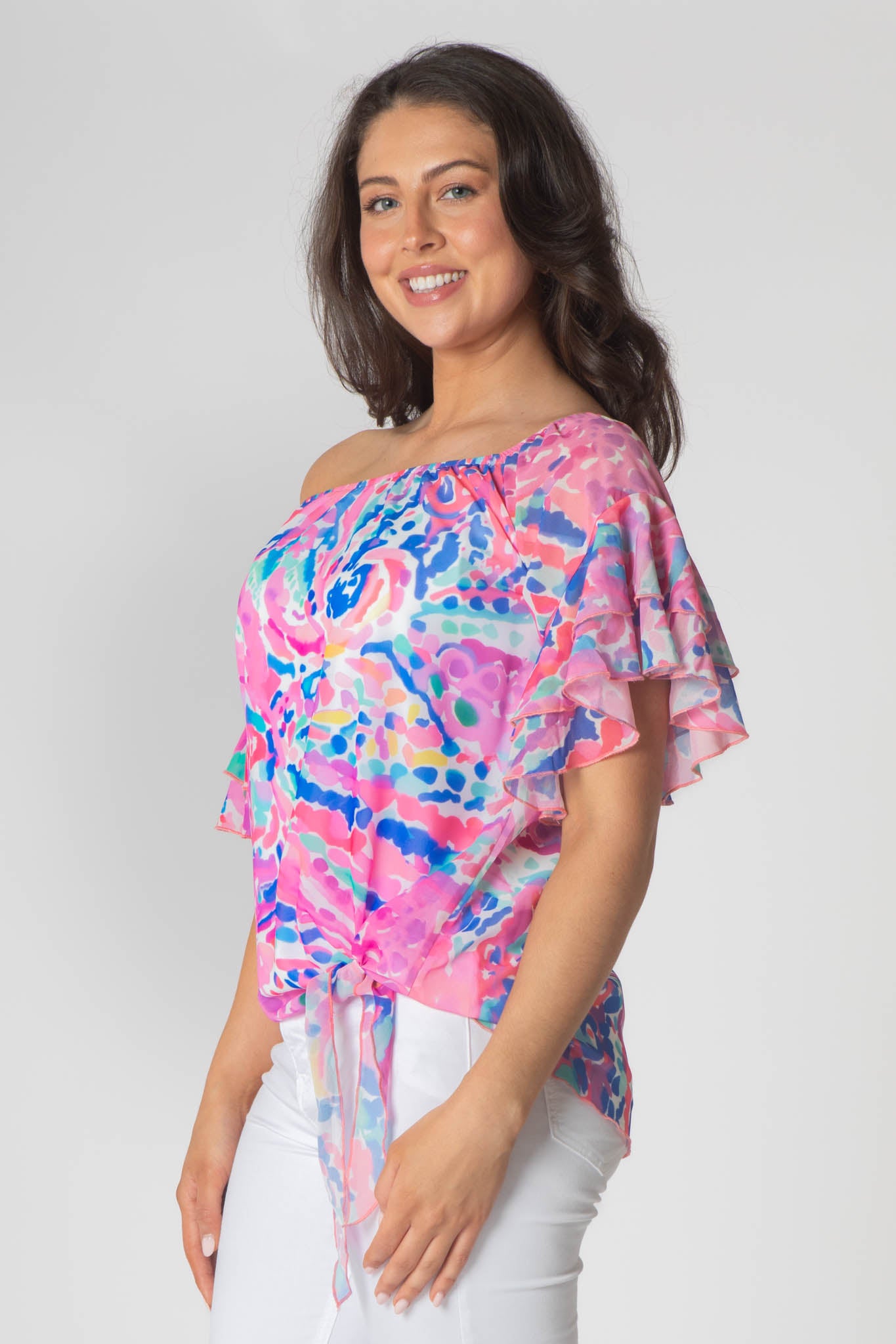 Pippa Gathered Round Neck Top With Tie Hem - Pink