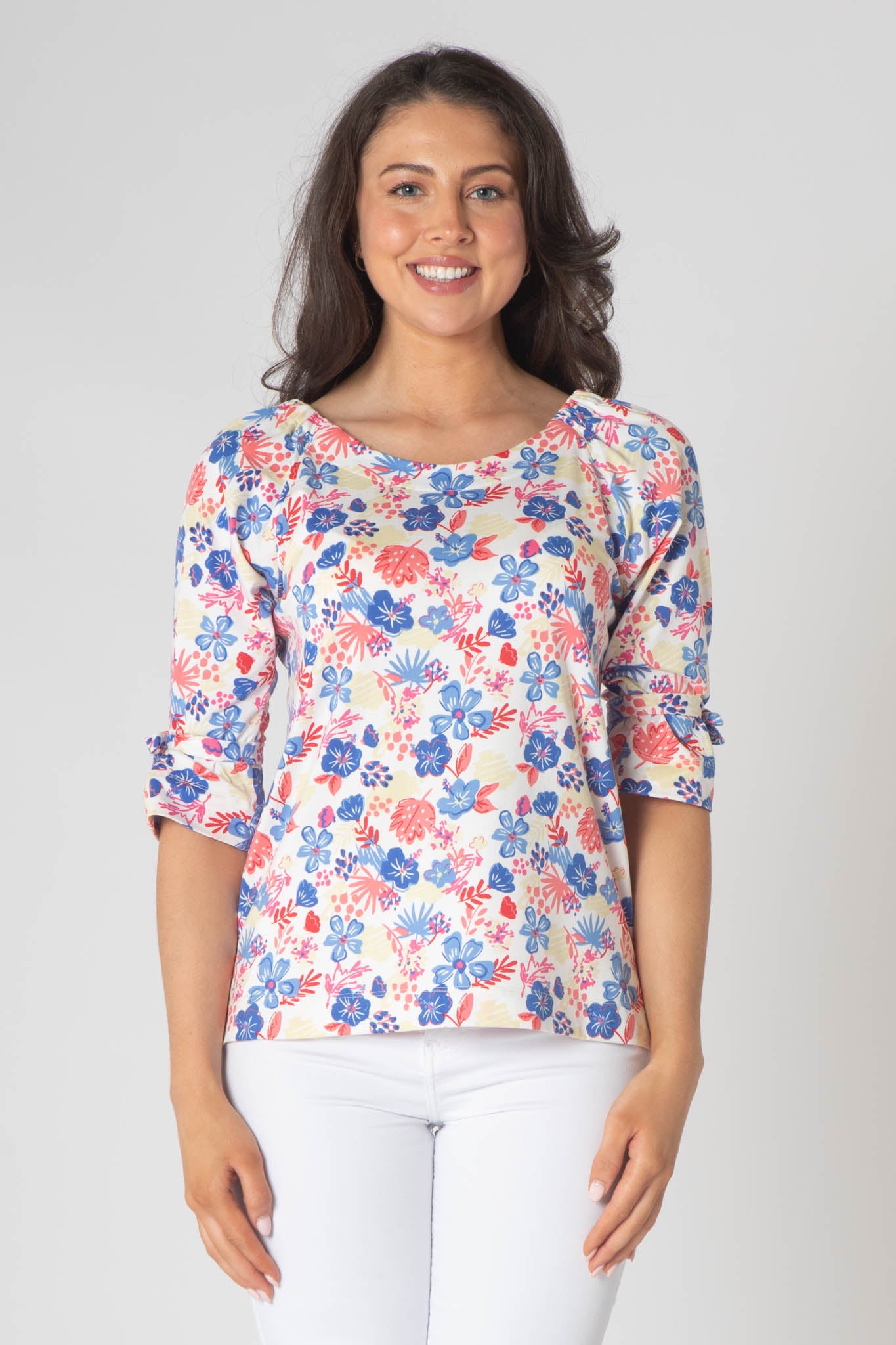 Olie Printed Long Sleeve Top With Round Neck - Pink & Blue