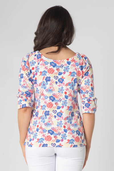 Olie Printed Long Sleeve Top With Round Neck - Pink & Blue