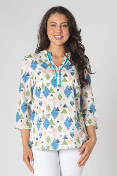 Tiara Printed Top With Grandfather Collar - Blue & Green