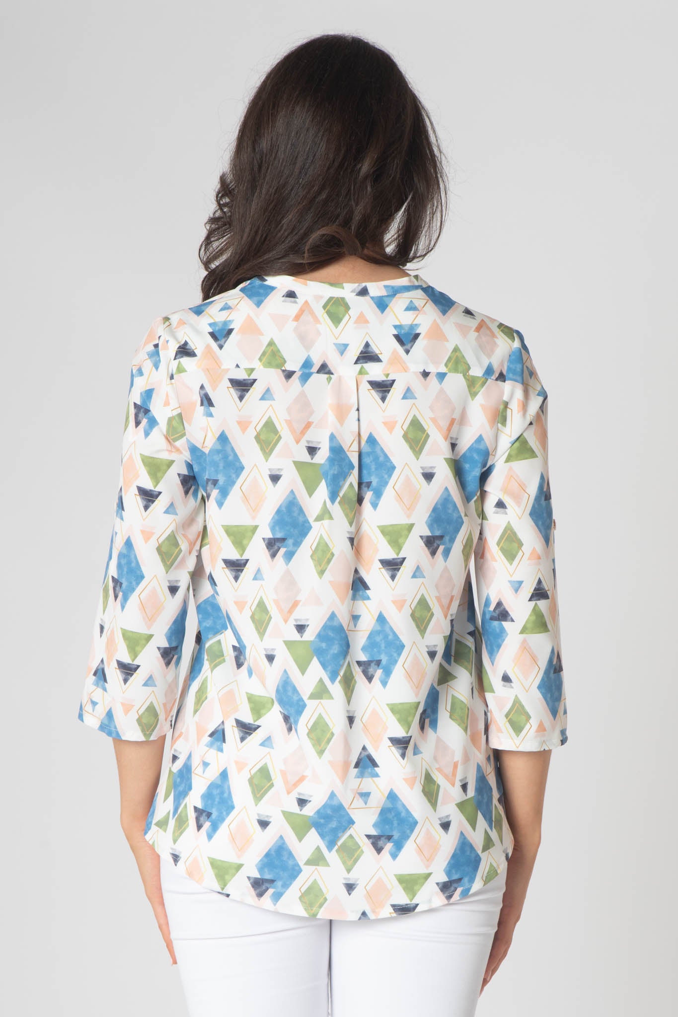 Tiara Printed Top With Grandfather Collar - Blue & Green