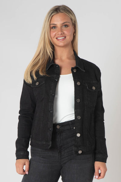 Teagan Classic Denim Jacket with Breast Pockets - Black Denim