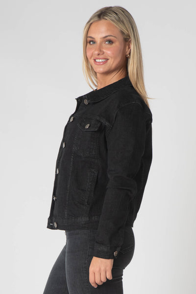 Teagan Classic Denim Jacket with Breast Pockets - Black Denim