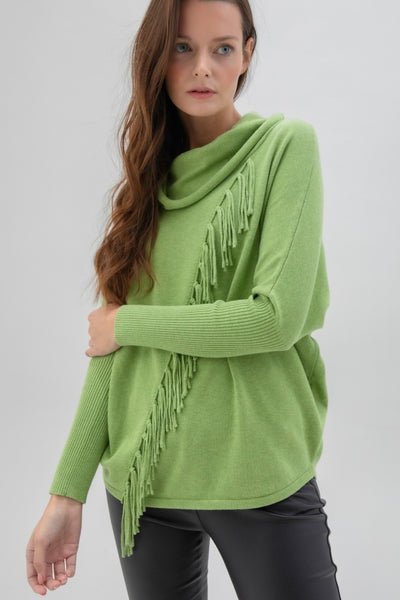 Green Cowl Neck Jumper With Fringe Design