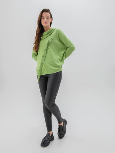 Green Cowl Neck Jumper With Fringe Design