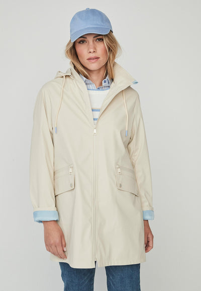 Beige Parka Jacket with Sky Blue Detail